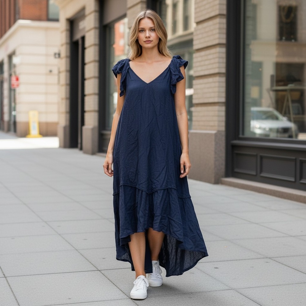 Cristina Vergani Linen Silk Women's Sleeveless Blue High Low Maxi Dress Sz L